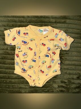 Vintage McBaby AOP Construction Truck Romper 0-3M Yellow Snap Onesie